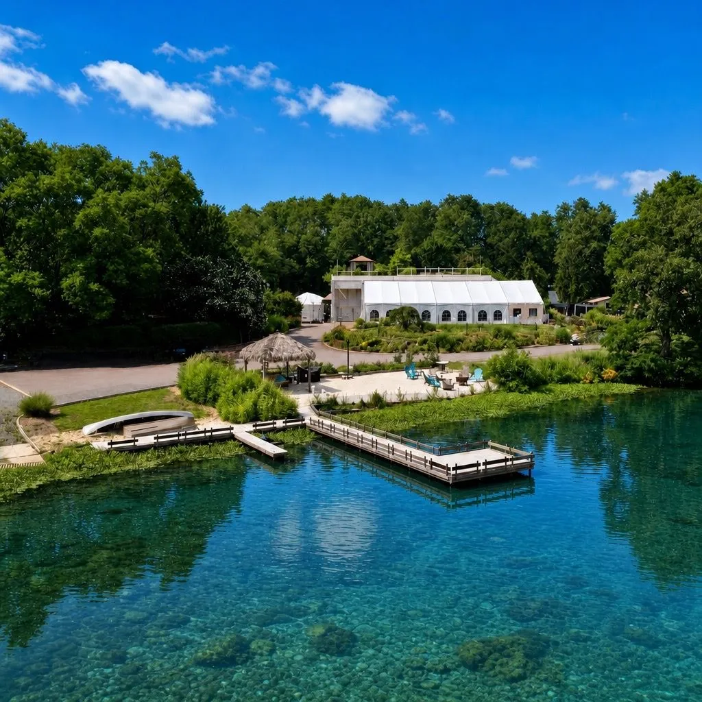 Aerial view of The Estate at Eagle Lake with its turquoise lake, dock and white tent