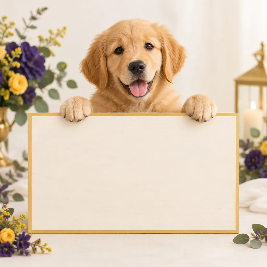 Golden retriever puppy holding a blank offer sign